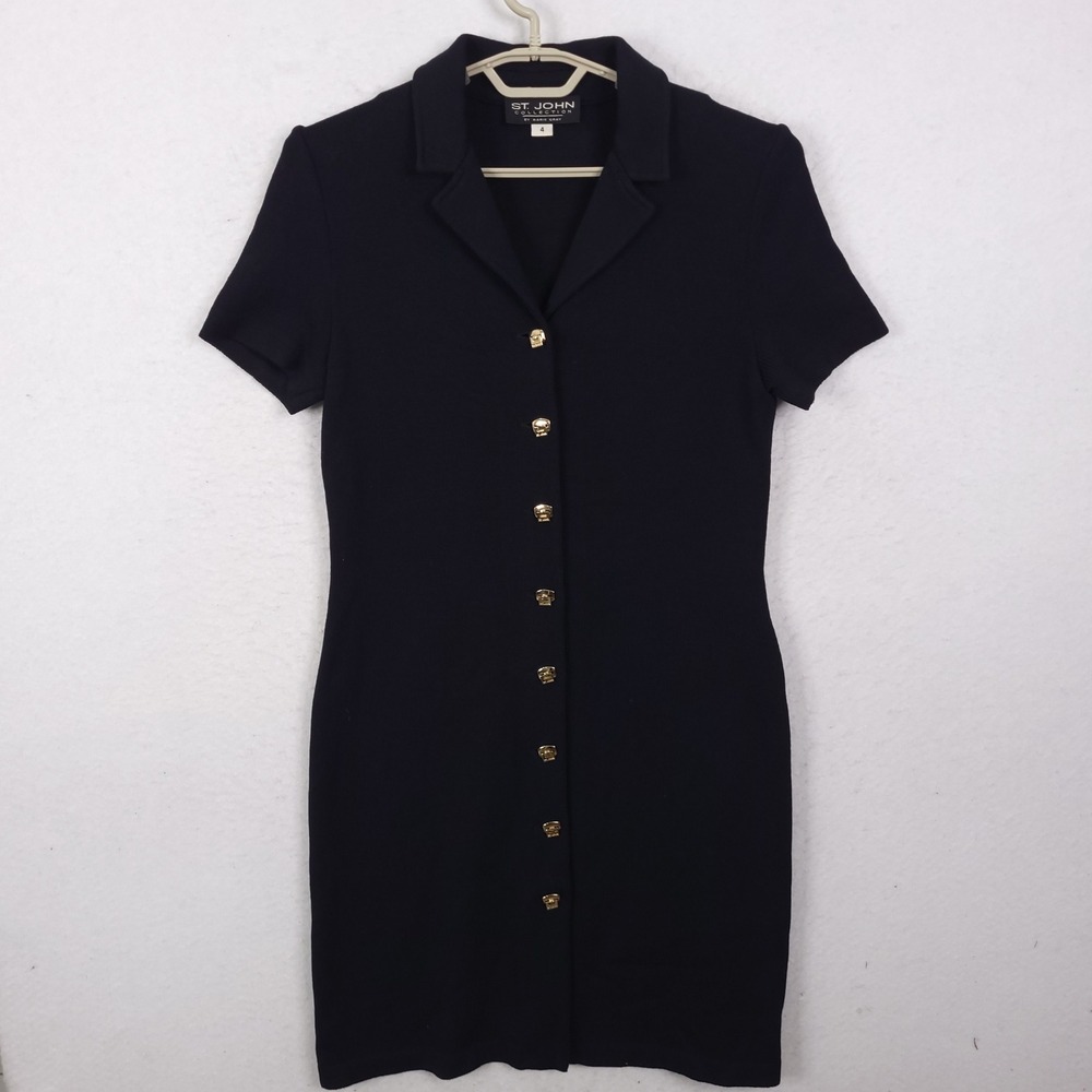 St. John Collection Knit Dress Womens 4 Black Gold Button Santana Short Sleeve